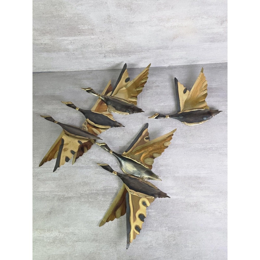 Vintage Set MCM Flying Ducks Geese Brass Metal Welded Wall Art Hanging Set of 3
